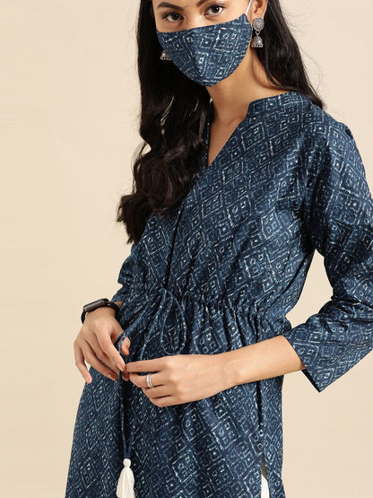 Women's Indigo Three-Quarter Sleeves Straight Kurta With Cream Palazzo