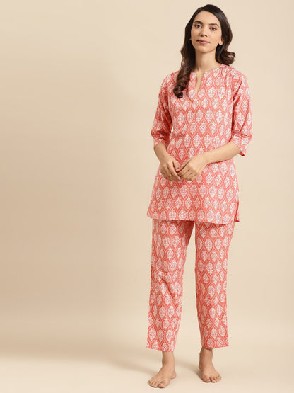 Women's Peach & Off White Printed Night Suit