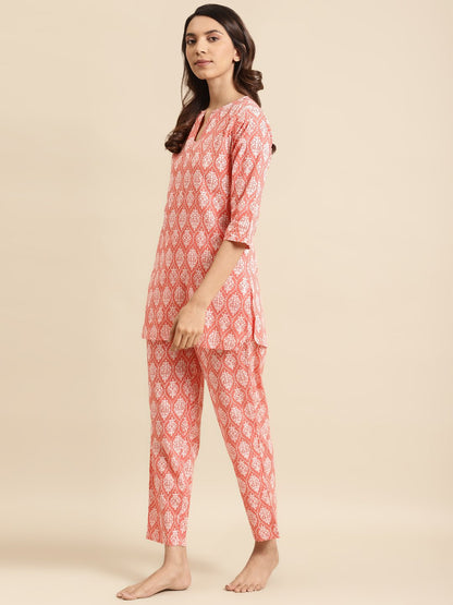 Women's Peach & Off White Printed Night Suit