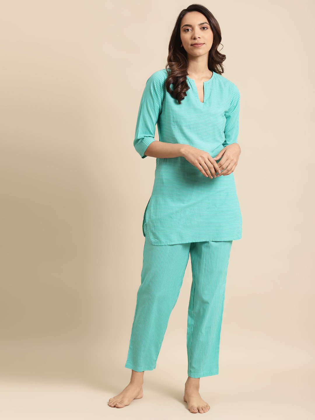 Women's Green & Off White Striped Night Suit