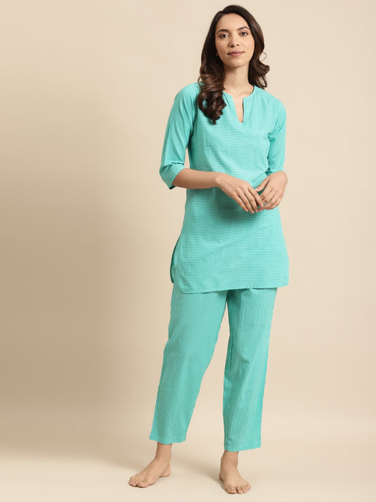 Women's Green & Off White Striped Night Suit