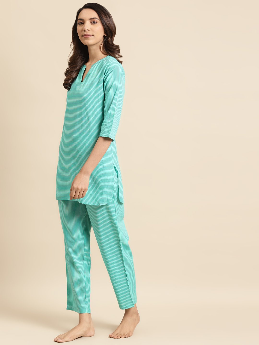 Women's Green & Off White Striped Night Suit
