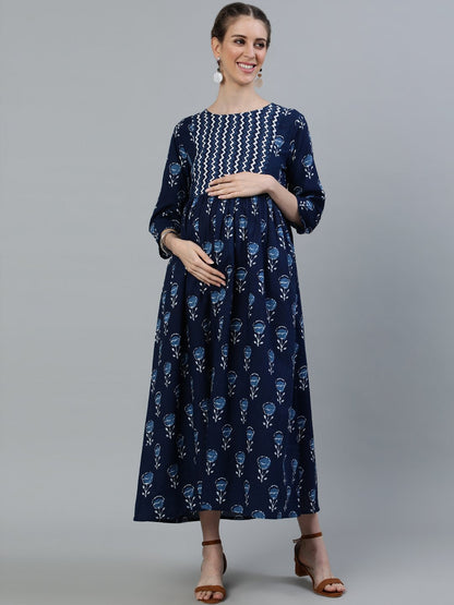 Women's Blue Indigo Printed Flared Maternity Dress With Three Quarters Sleeves
