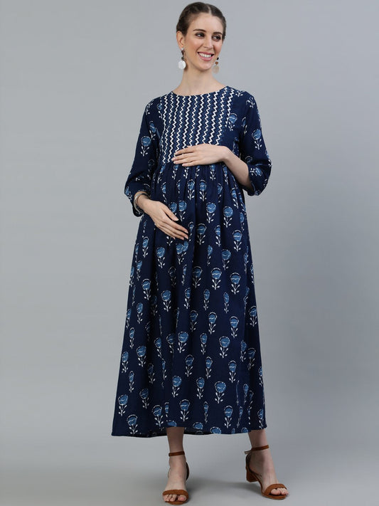 Women's Blue Indigo Printed Flared Maternity Dress With Three Quarters Sleeves