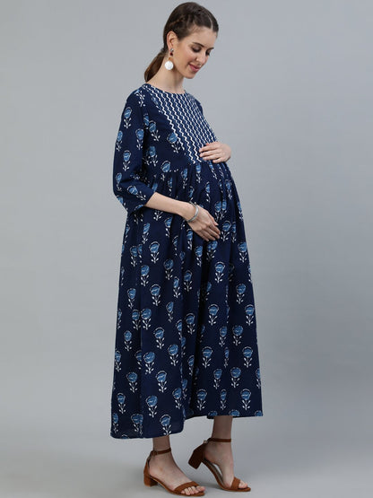 Women's Blue Indigo Printed Flared Maternity Dress With Three Quarters Sleeves