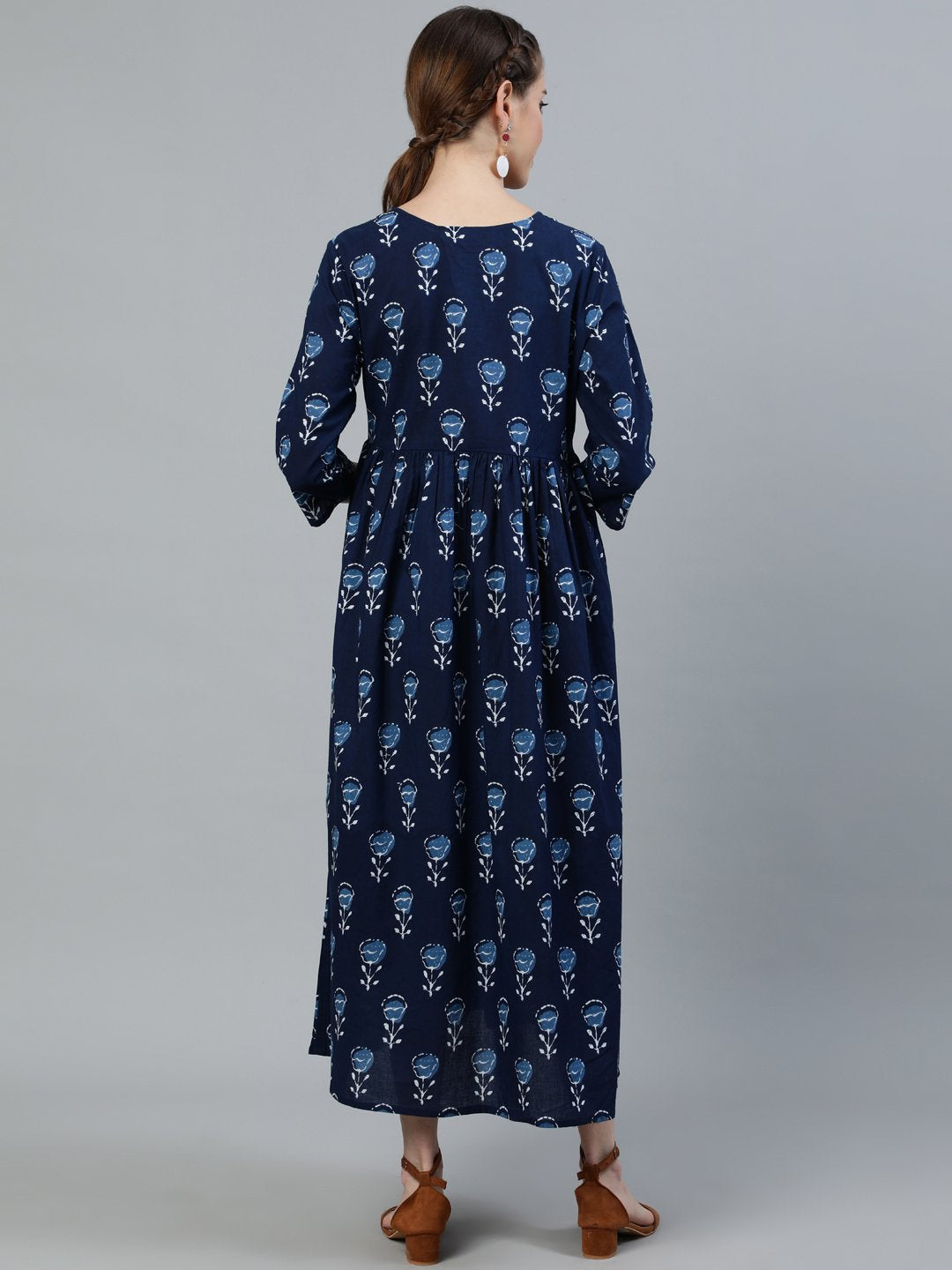 Women's Blue Indigo Printed Flared Maternity Dress With Three Quarters Sleeves