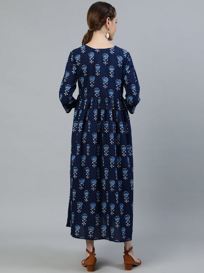 Women's Blue Indigo Printed Flared Maternity Dress With Three Quarters Sleeves