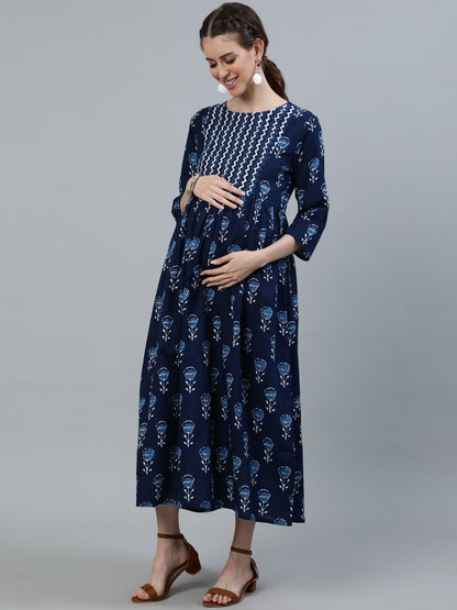 Women's Blue Indigo Printed Flared Maternity Dress With Three Quarters Sleeves