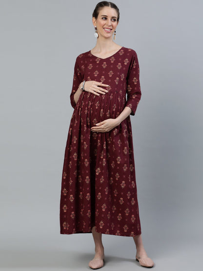 Women's Maroon Printed Flared Maternity Dress With Three Quarters Sleeves & Belt