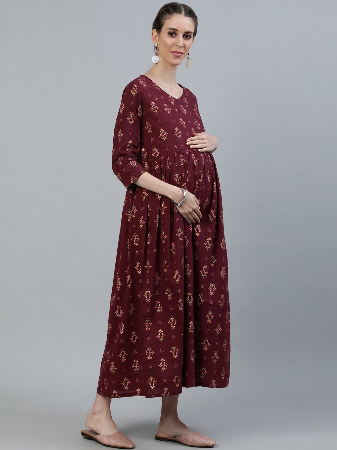 Women's Maroon Printed Flared Maternity Dress With Three Quarters Sleeves & Belt