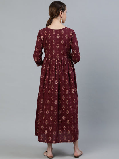 Women's Maroon Printed Flared Maternity Dress With Three Quarters Sleeves & Belt