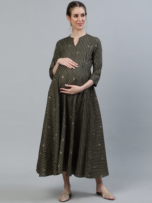 Women's Grey & Off-White Printed Maternity Dress With Three Quarter Sleeves