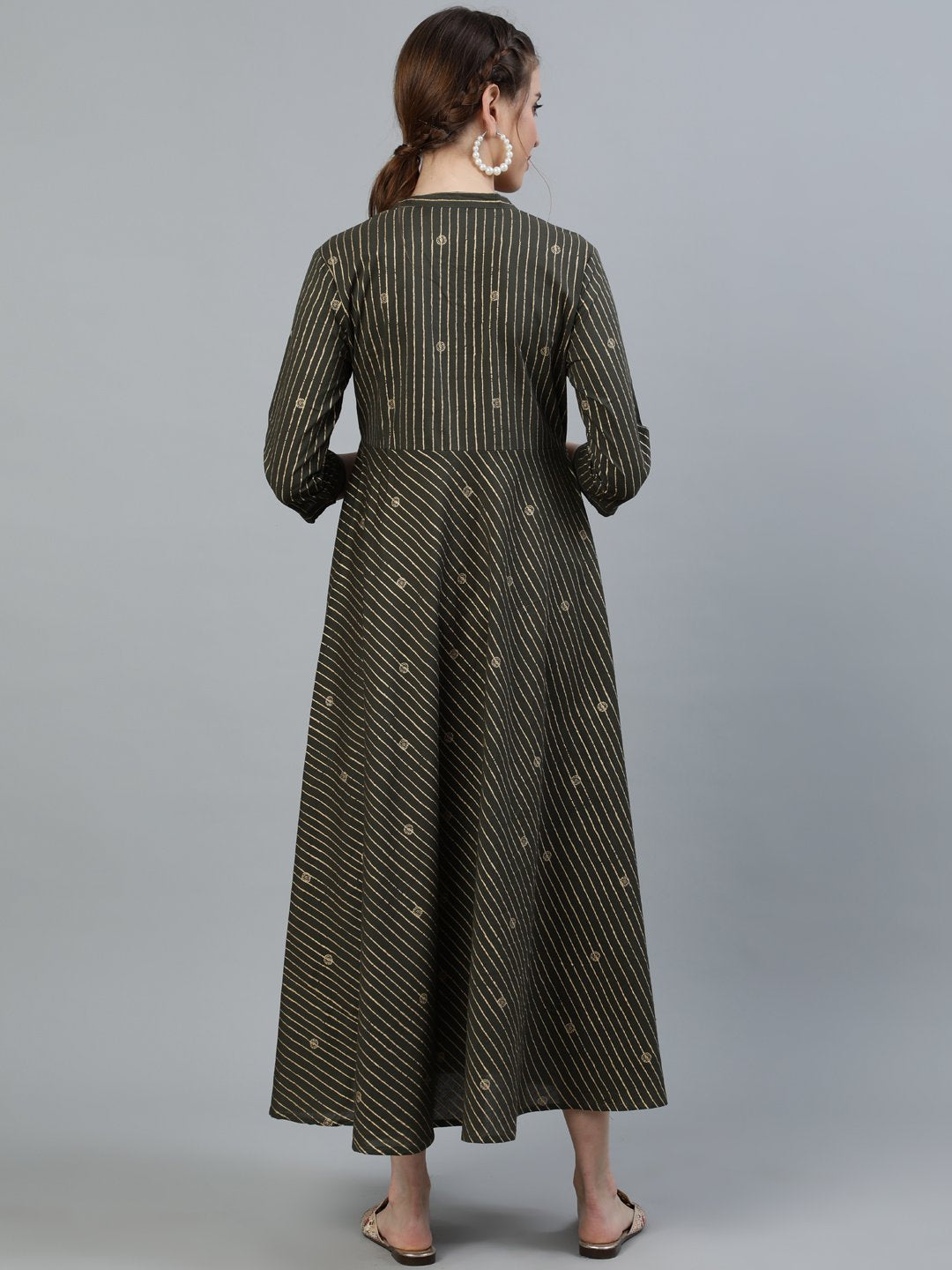 Women's Grey & Off-White Printed Maternity Dress With Three Quarter Sleeves