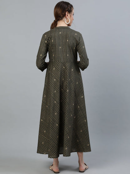 Women's Grey & Off-White Printed Maternity Dress With Three Quarter Sleeves