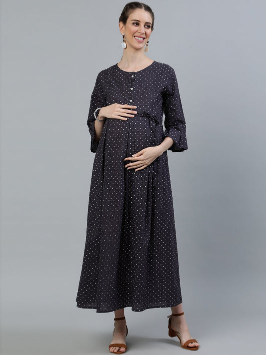 Women's Taupe Polka Dots Maternity Dress With Belt