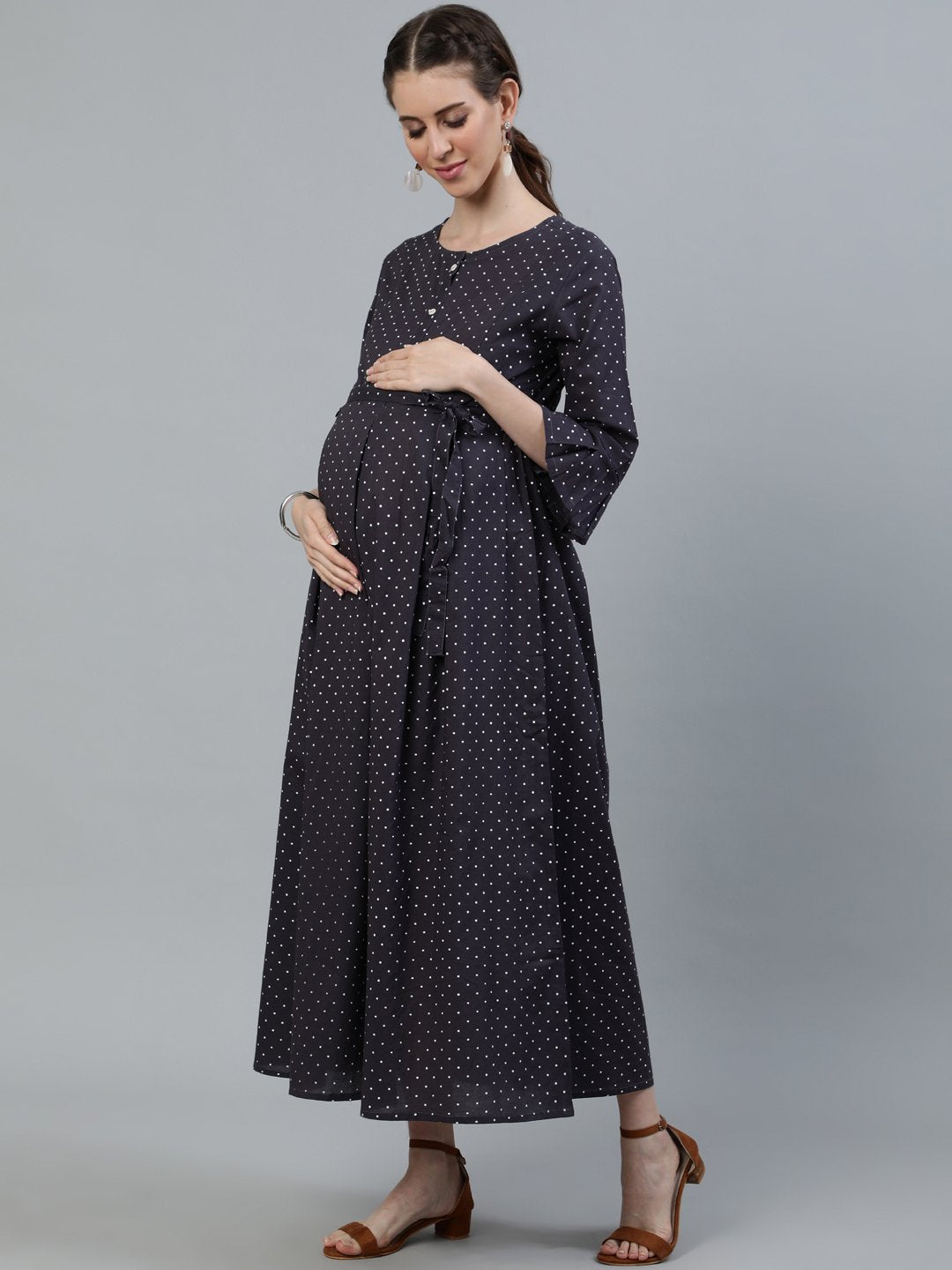 Women's Taupe Polka Dots Maternity Dress With Belt