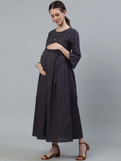 Women's Taupe Polka Dots Maternity Dress With Belt