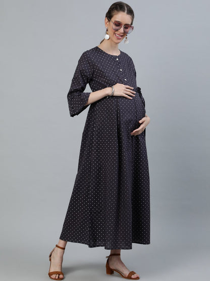 Women's Taupe Polka Dots Maternity Dress With Belt