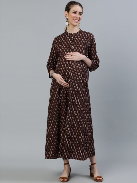 Women's Brown Printed Maternity Dress With Three Quarter Sleeves