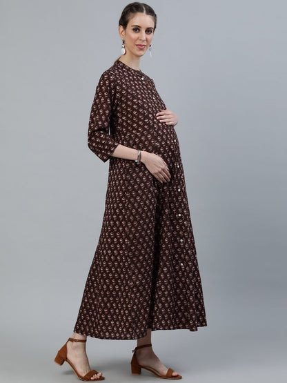 Women's Brown Printed Maternity Dress With Three Quarter Sleeves