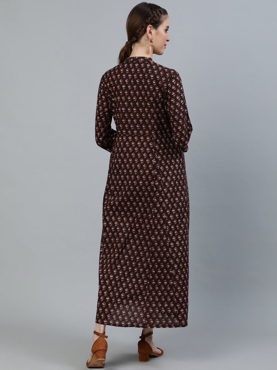 Women's Brown Printed Maternity Dress With Three Quarter Sleeves