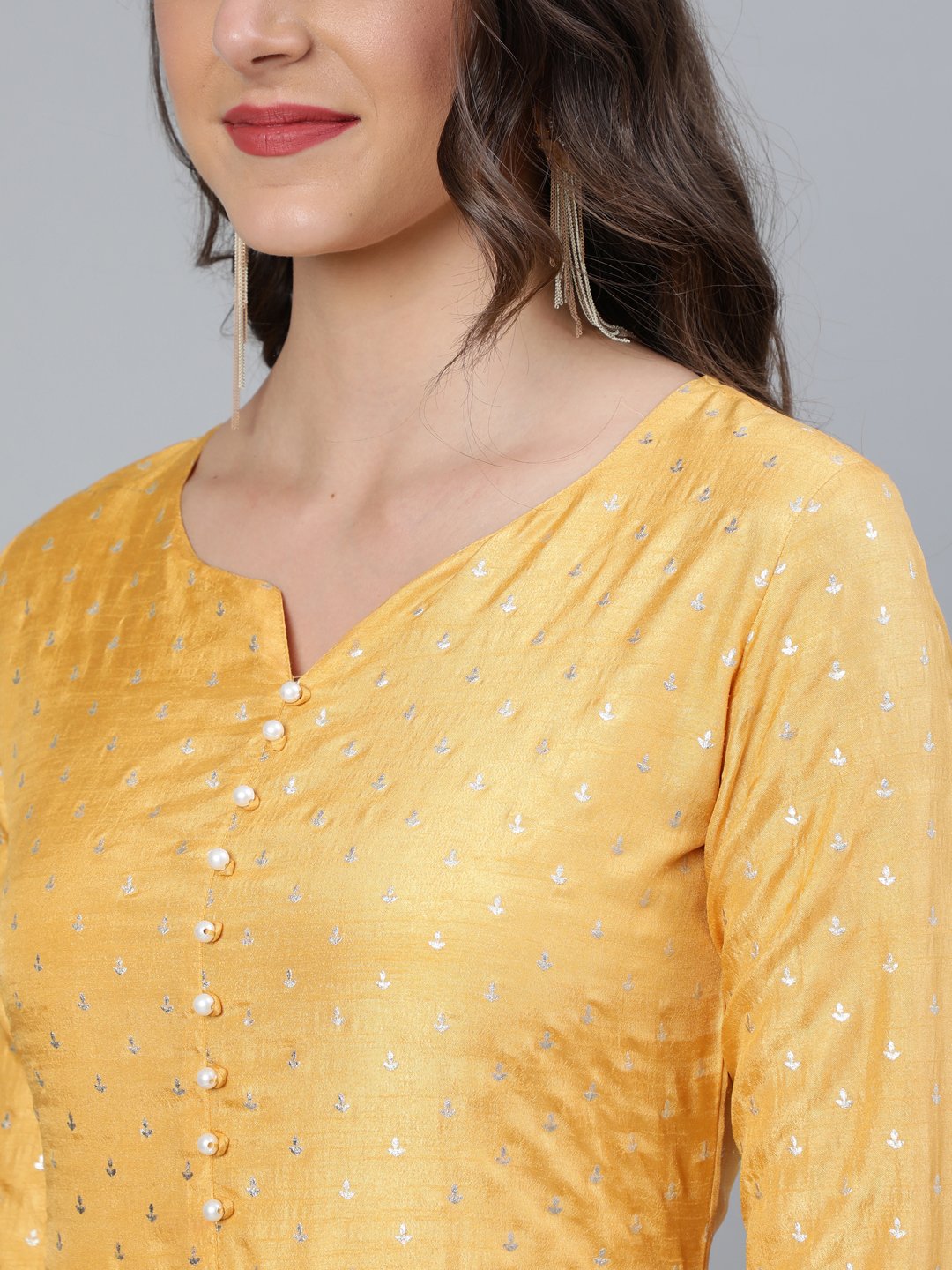 Women's Mustard Foil Printed Maxi Dress With Embroidered Net Dupatta
