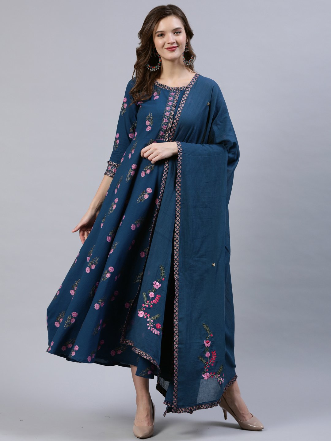 Women's Blue Floral Printed Dress With Embroidered Dupatta