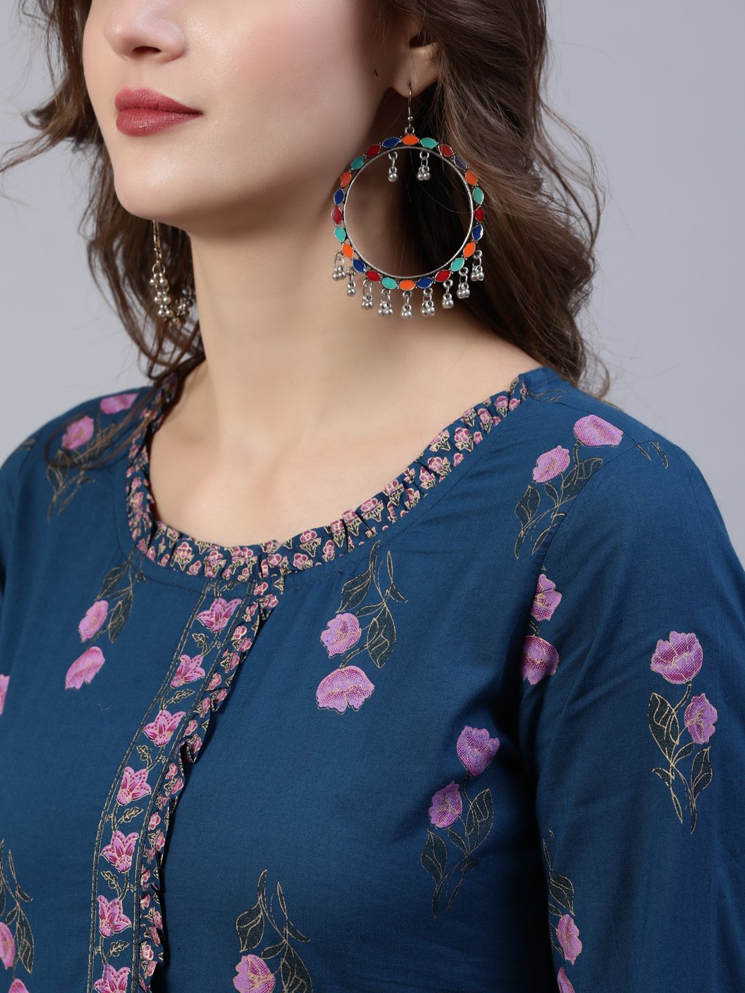 Women's Blue Floral Printed Dress With Embroidered Dupatta