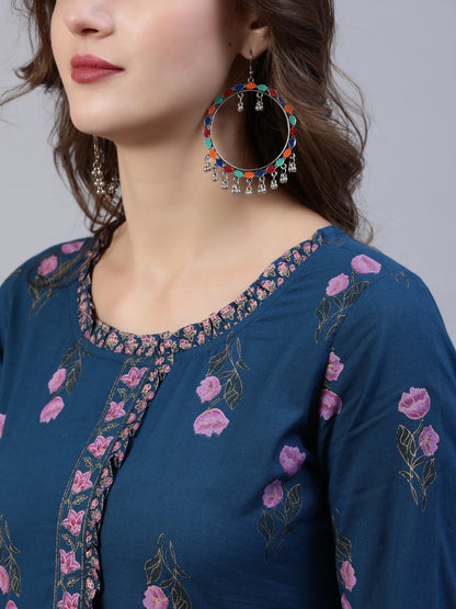 Women's Blue Floral Printed Dress With Embroidered Dupatta