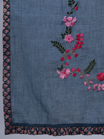 Women's Blue Floral Printed Dress With Embroidered Dupatta