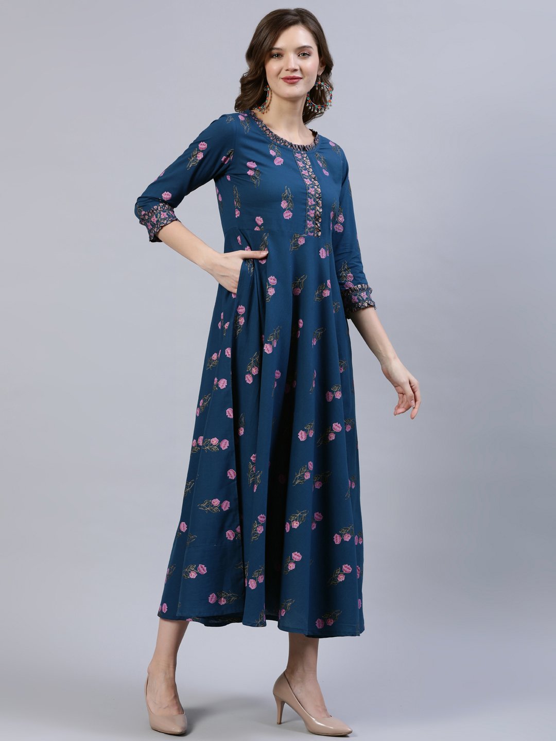 Women's Blue Floral Printed Dress With Embroidered Dupatta