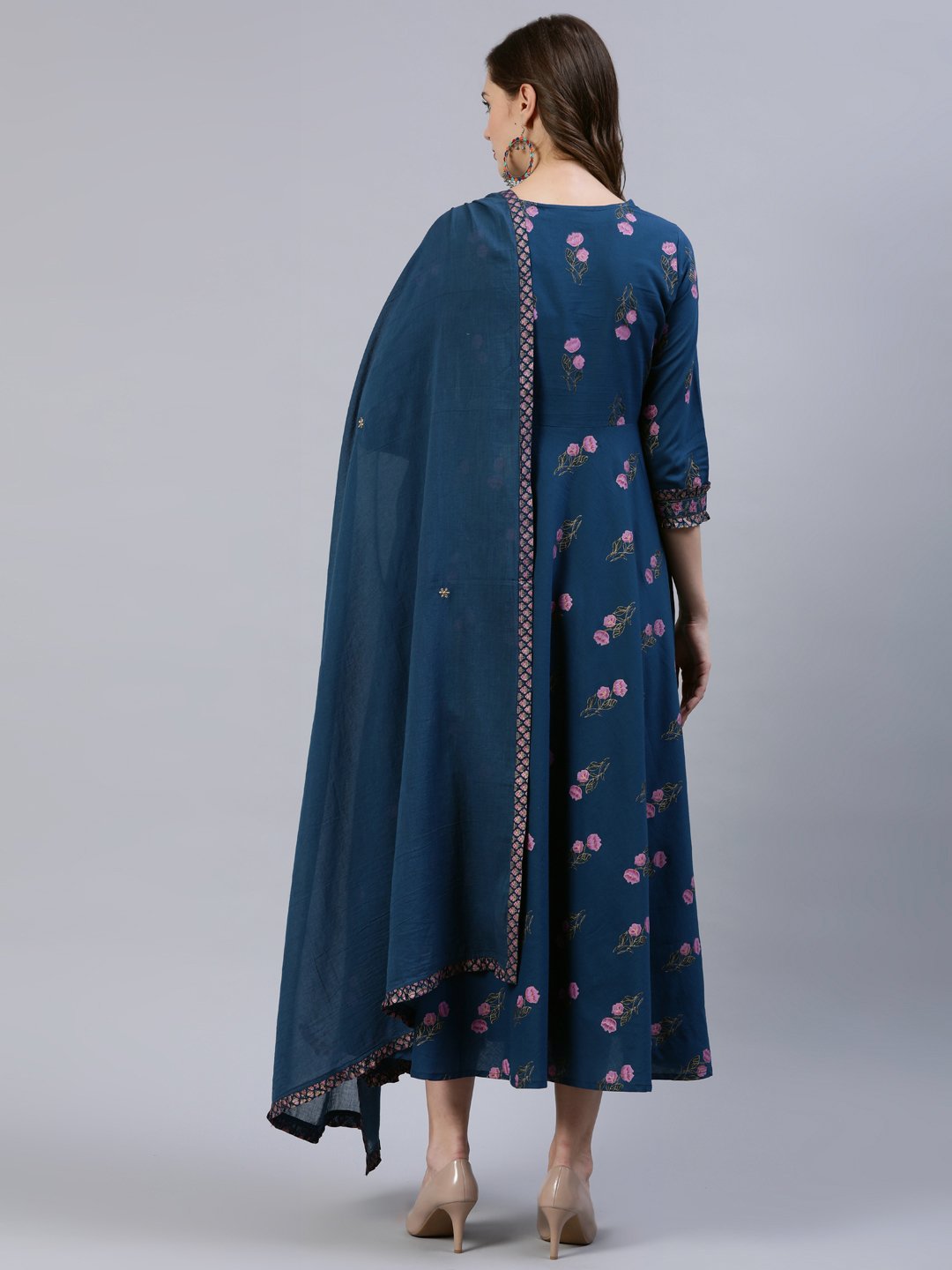 Women's Blue Floral Printed Dress With Embroidered Dupatta