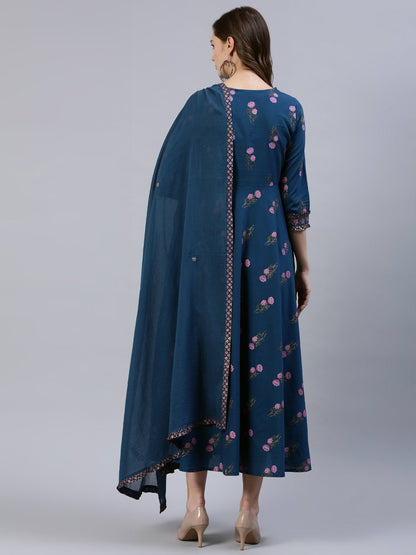 Women's Blue Floral Printed Dress With Embroidered Dupatta