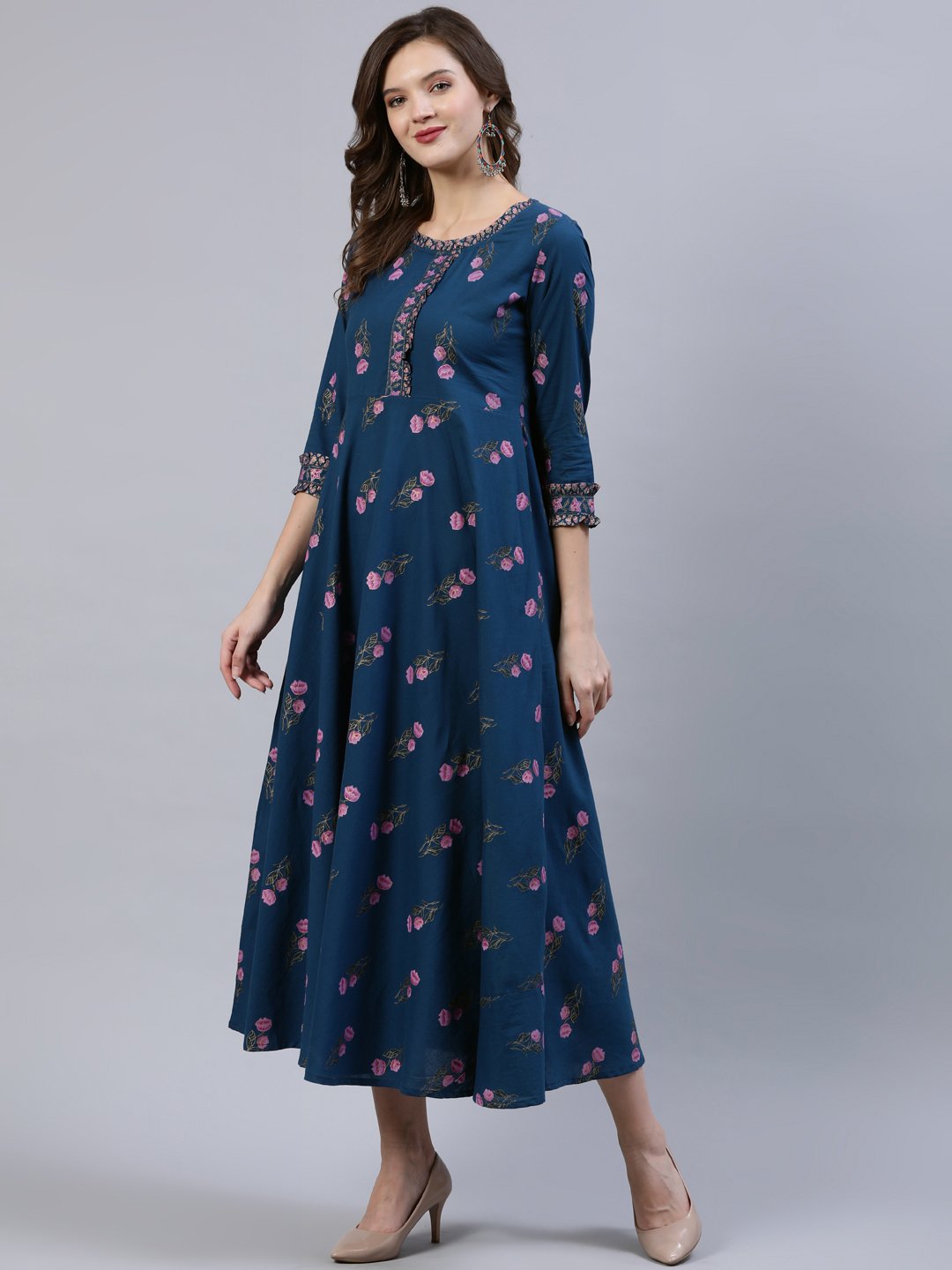 Women's Blue Floral Printed Dress With Embroidered Dupatta