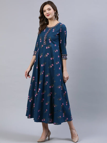 Women's Blue Floral Printed Dress With Embroidered Dupatta
