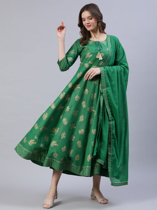 Women's Green Floral Printed Dress With Dupatta