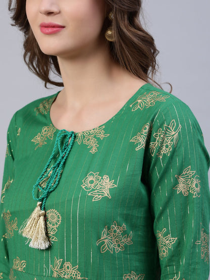 Women's Green Floral Printed Dress With Dupatta