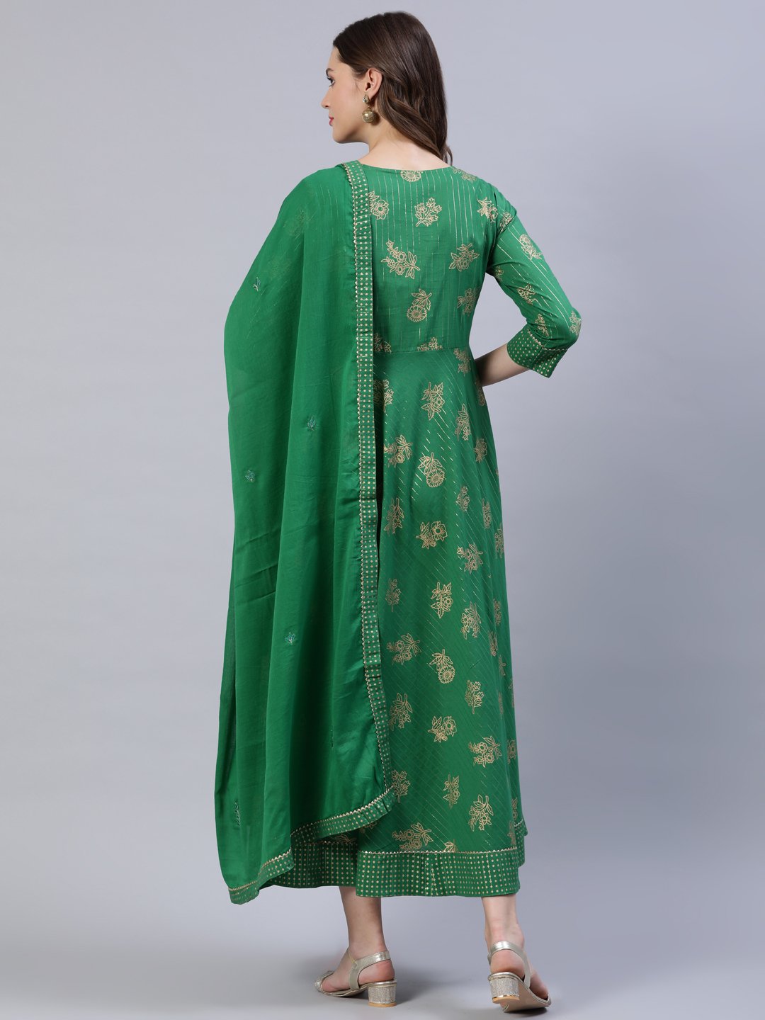Women's Green Floral Printed Dress With Dupatta