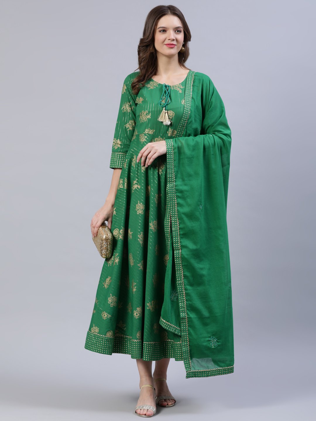 Women's Green Floral Printed Dress With Dupatta