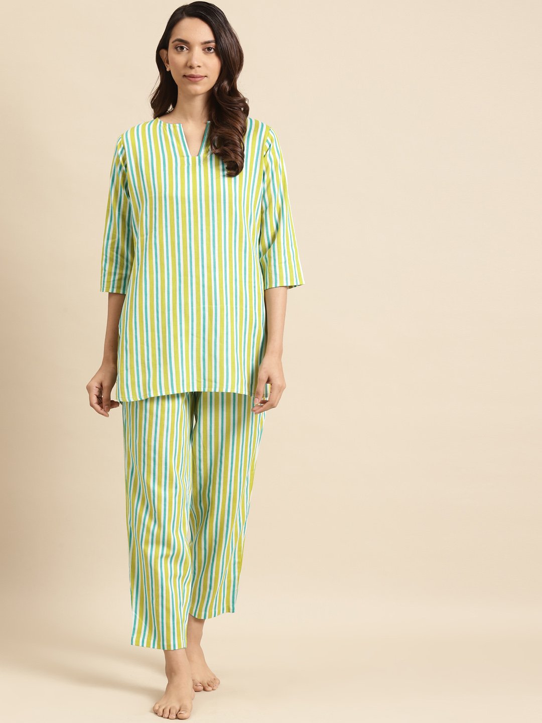 Women's Light Green Striped Night Suit