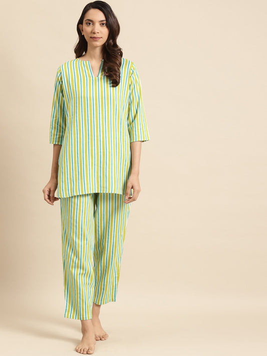 Women's Light Green Striped Night Suit