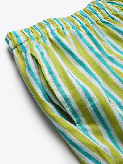 Women's Light Green Striped Night Suit