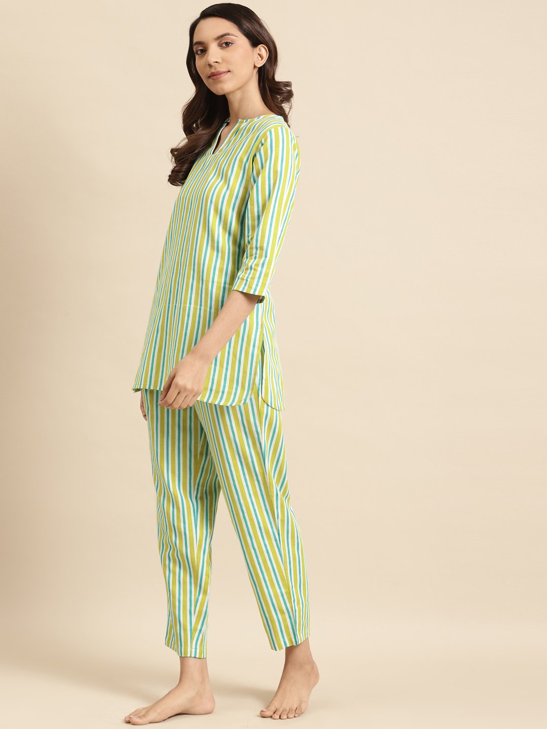 Women's Light Green Striped Night Suit