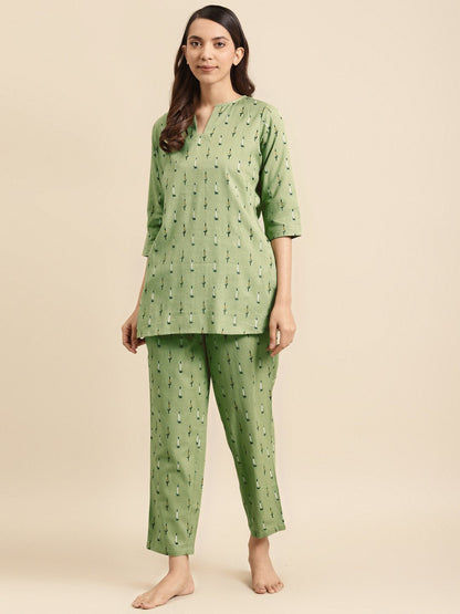 Women's Olive Green Ikat Printed Night Suit