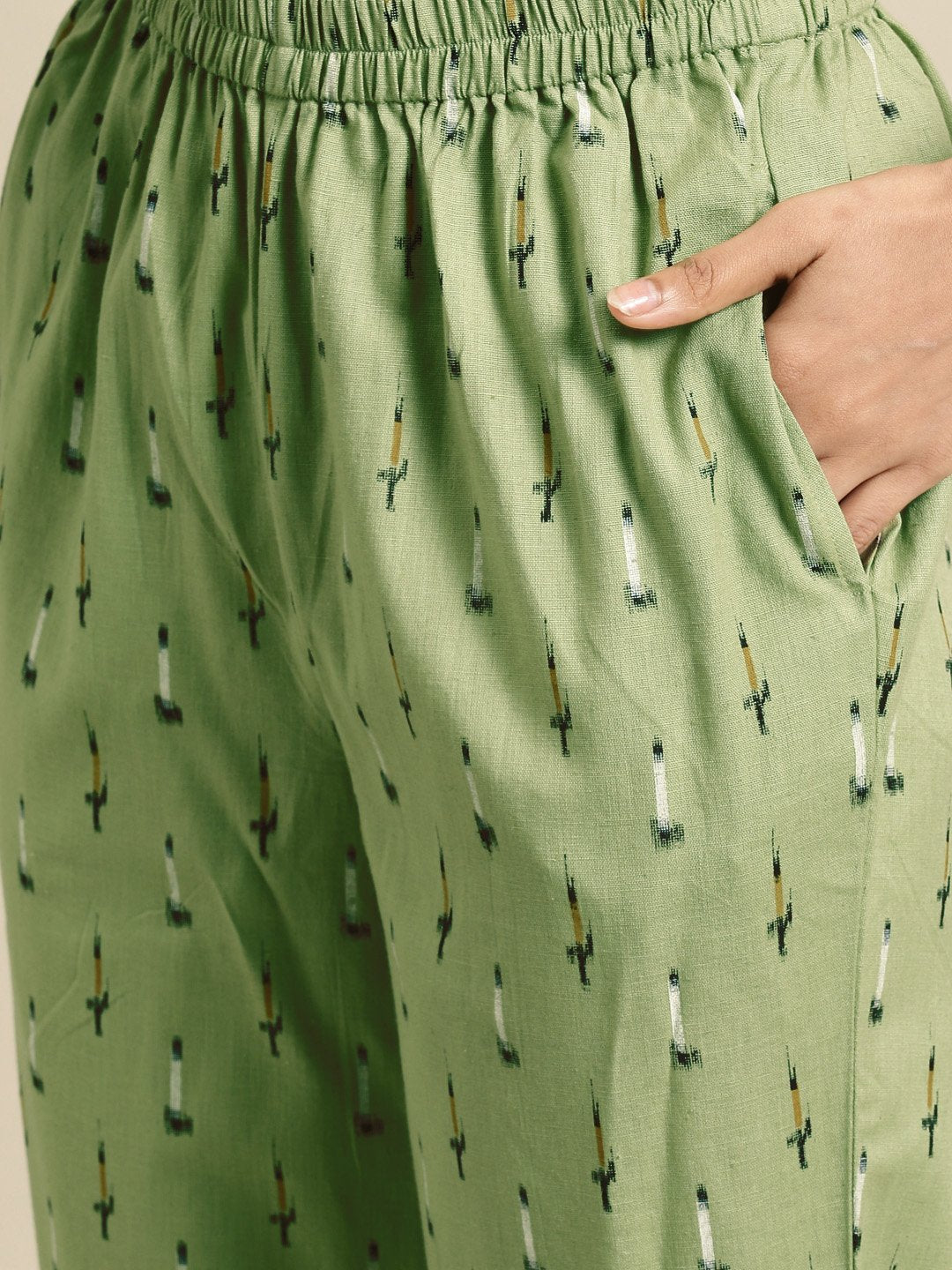Women's Olive Green Ikat Printed Night Suit