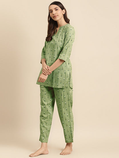 Women's Olive Green Ikat Printed Night Suit