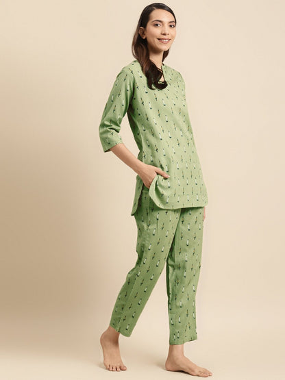 Women's Olive Green Ikat Printed Night Suit