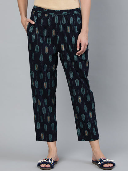 Women's Navy Blue Printed Trouser