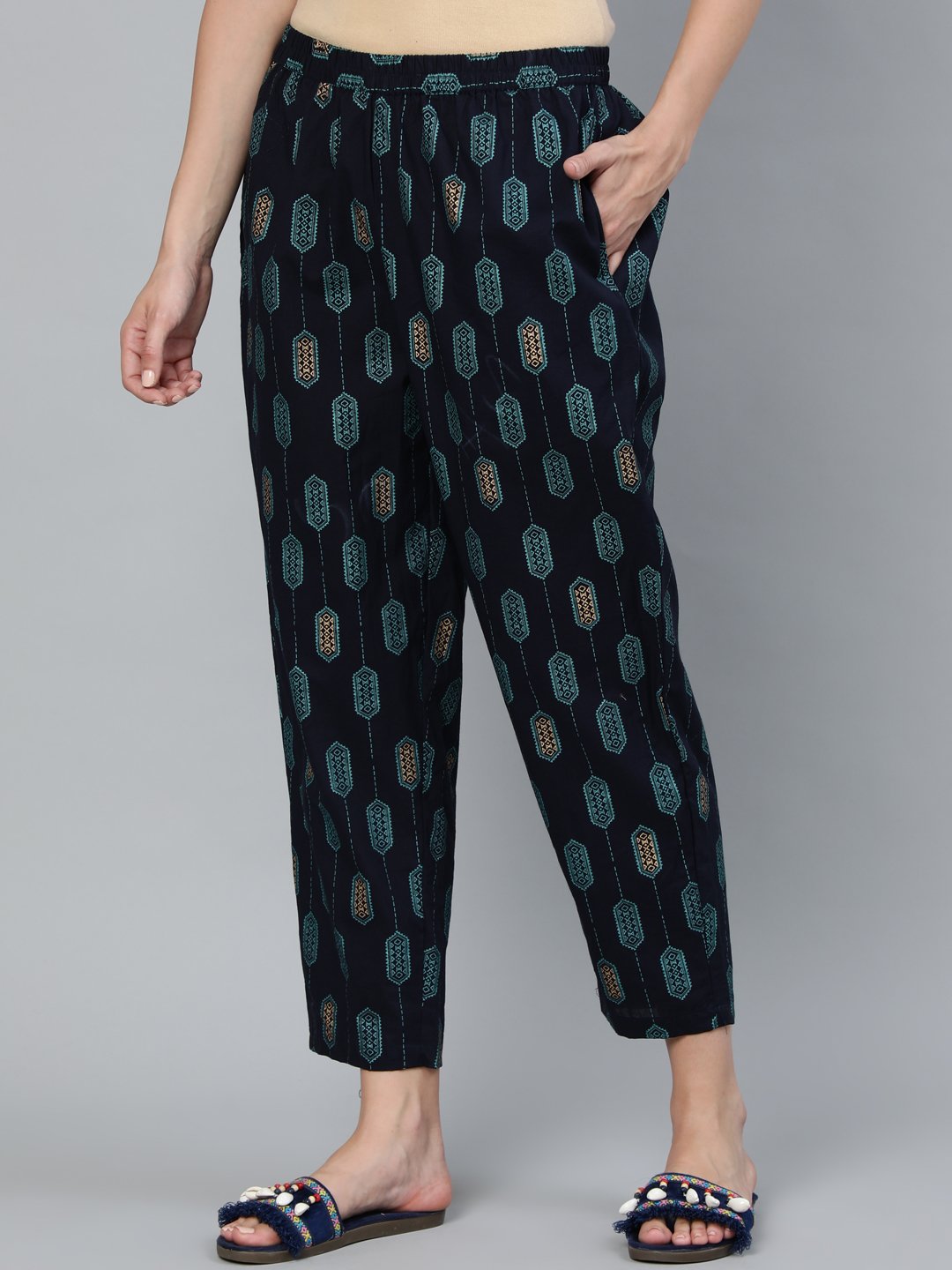 Women's Navy Blue Printed Trouser
