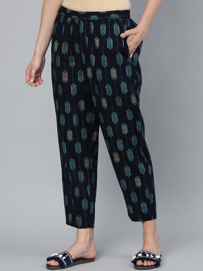 Women's Navy Blue Printed Trouser